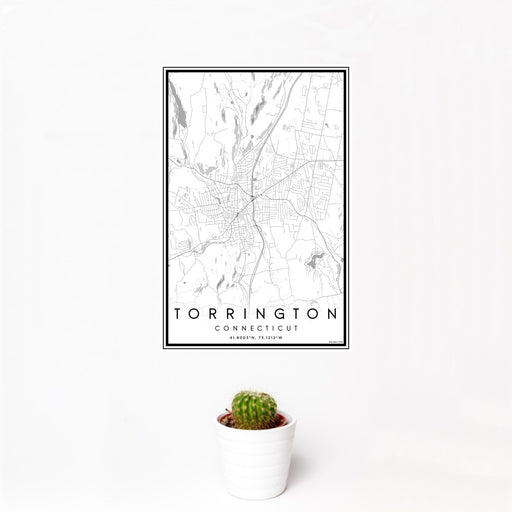 12x18 Torrington Connecticut Map Print Portrait Orientation in Classic Style With Small Cactus Plant in White Planter