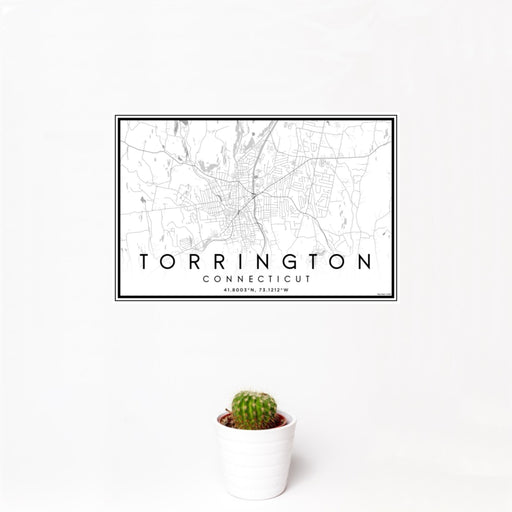 12x18 Torrington Connecticut Map Print Landscape Orientation in Classic Style With Small Cactus Plant in White Planter
