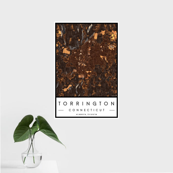 16x24 Torrington Connecticut Map Print Portrait Orientation in Ember Style With Tropical Plant Leaves in Water