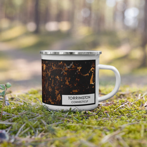 Right View Custom Torrington Connecticut Map Enamel Mug in Ember on Grass With Trees in Background