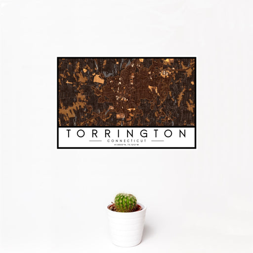 12x18 Torrington Connecticut Map Print Landscape Orientation in Ember Style With Small Cactus Plant in White Planter