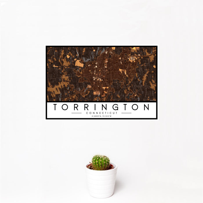 12x18 Torrington Connecticut Map Print Landscape Orientation in Ember Style With Small Cactus Plant in White Planter
