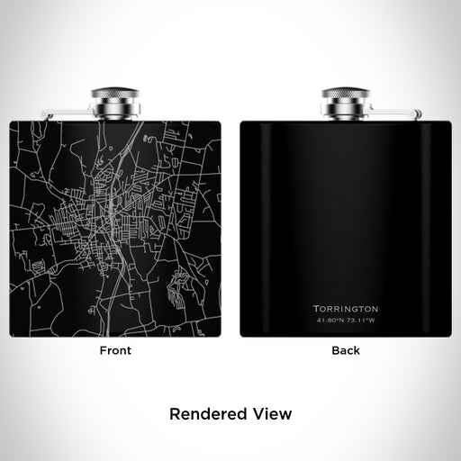 Rendered View of Torrington Connecticut Map Engraving on 6oz Stainless Steel Flask in Black