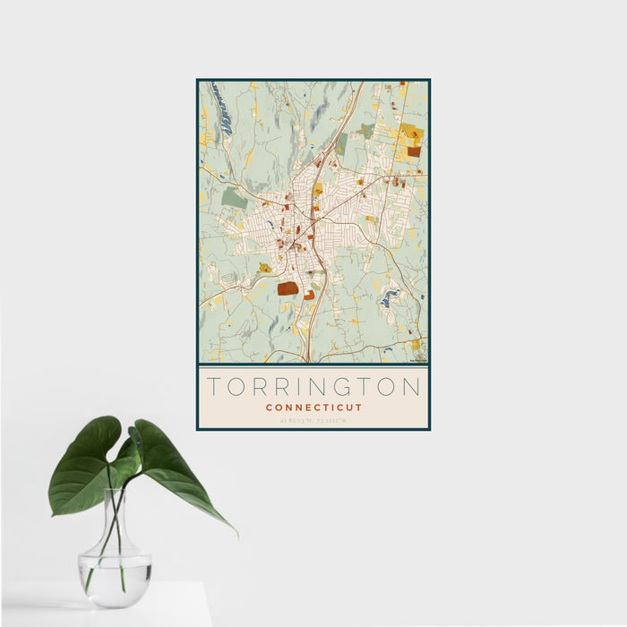 16x24 Torrington Connecticut Map Print Portrait Orientation in Woodblock Style With Tropical Plant Leaves in Water