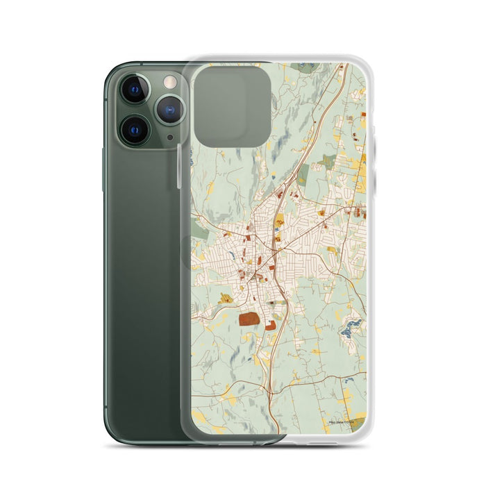 Custom Torrington Connecticut Map Phone Case in Woodblock on Table with Laptop and Plant