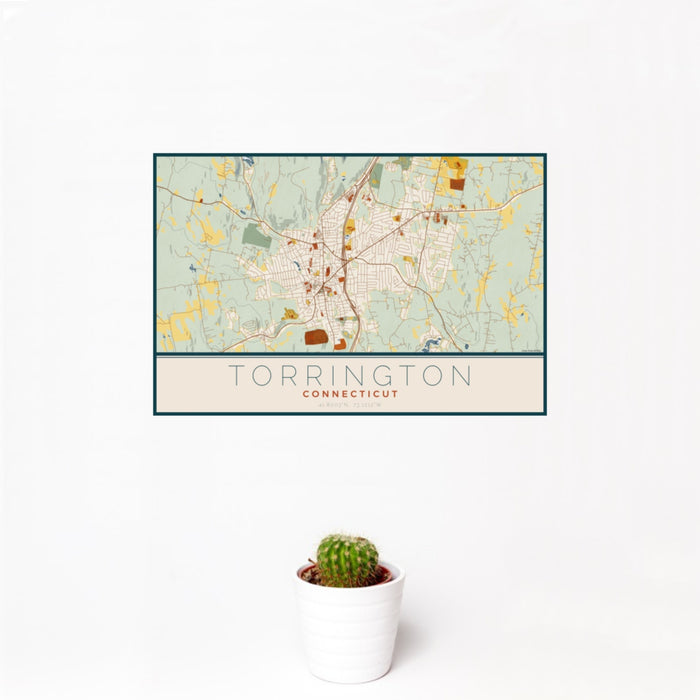 12x18 Torrington Connecticut Map Print Landscape Orientation in Woodblock Style With Small Cactus Plant in White Planter