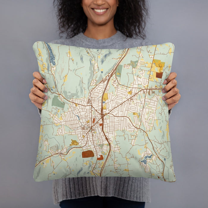 Person holding 18x18 Custom Torrington Connecticut Map Throw Pillow in Woodblock