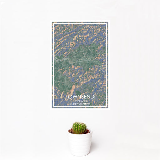 12x18 Townsend Tennessee Map Print Portrait Orientation in Afternoon Style With Small Cactus Plant in White Planter