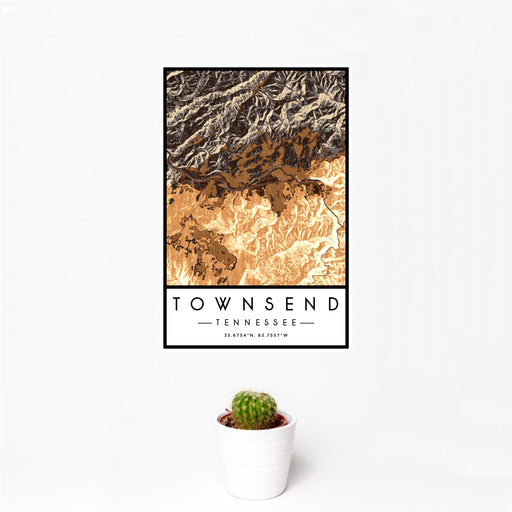 12x18 Townsend Tennessee Map Print Portrait Orientation in Ember Style With Small Cactus Plant in White Planter