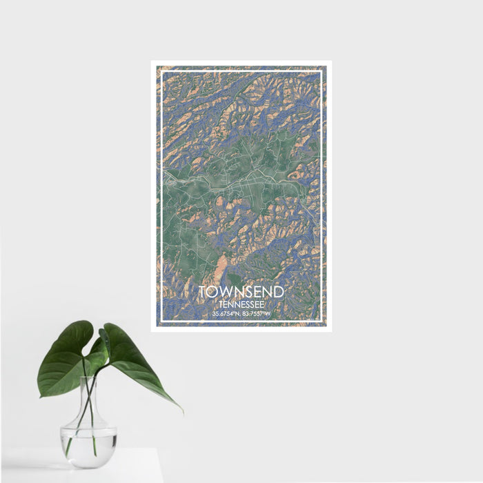 16x24 Townsend Tennessee Map Print Portrait Orientation in Afternoon Style With Tropical Plant Leaves in Water