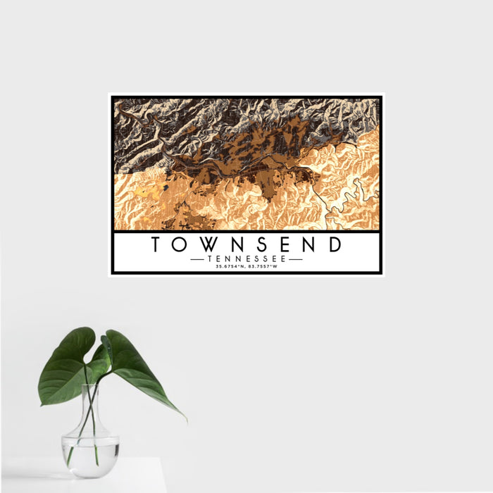 16x24 Townsend Tennessee Map Print Landscape Orientation in Ember Style With Tropical Plant Leaves in Water