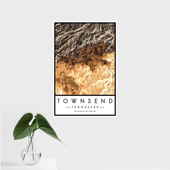 16x24 Townsend Tennessee Map Print Portrait Orientation in Ember Style With Tropical Plant Leaves in Water