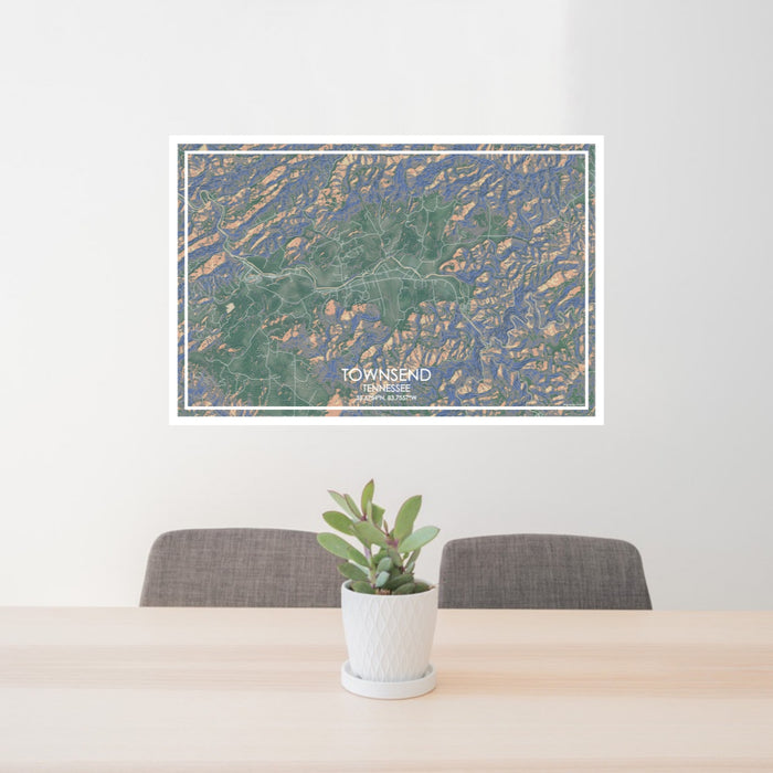 24x36 Townsend Tennessee Map Print Lanscape Orientation in Afternoon Style Behind 2 Chairs Table and Potted Plant