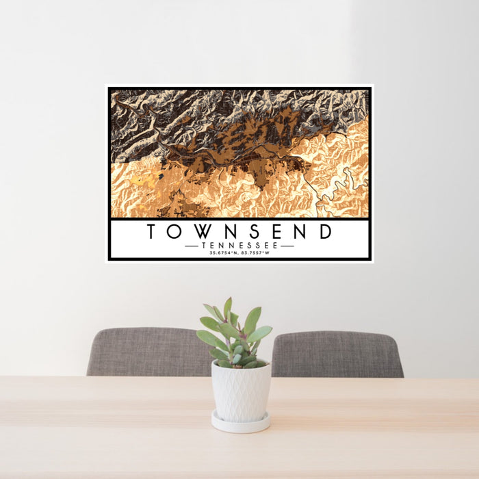 24x36 Townsend Tennessee Map Print Lanscape Orientation in Ember Style Behind 2 Chairs Table and Potted Plant