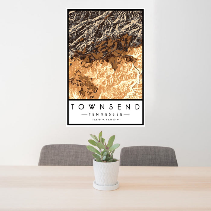 24x36 Townsend Tennessee Map Print Portrait Orientation in Ember Style Behind 2 Chairs Table and Potted Plant