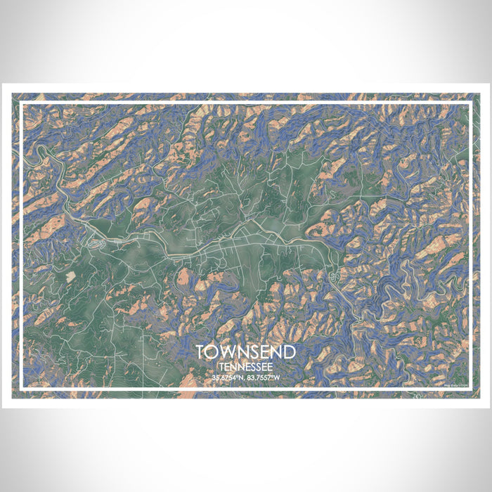 Townsend Tennessee Map Print Landscape Orientation in Afternoon Style With Shaded Background