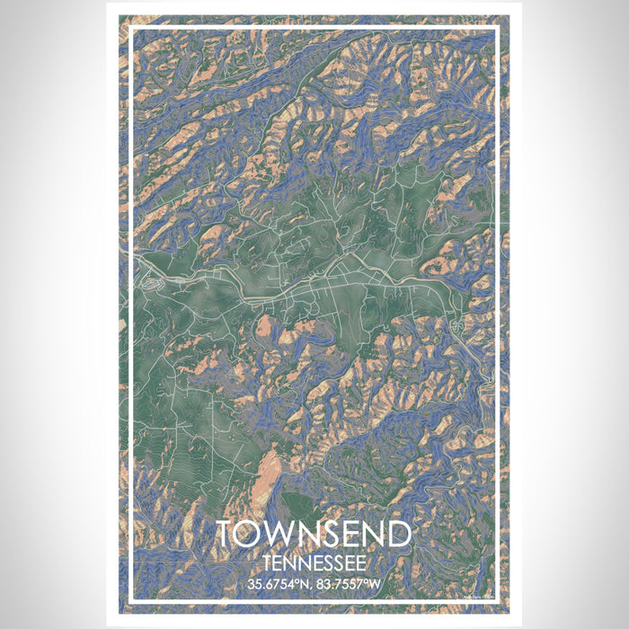 Townsend Tennessee Map Print Portrait Orientation in Afternoon Style With Shaded Background