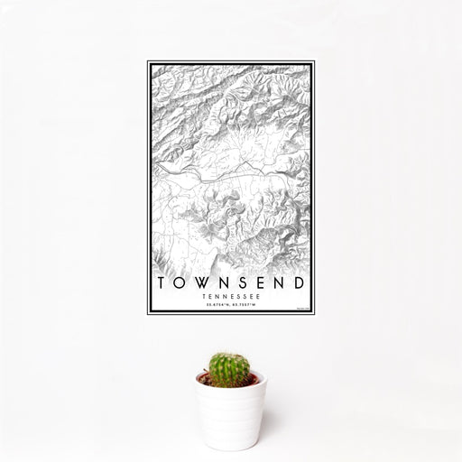 12x18 Townsend Tennessee Map Print Portrait Orientation in Classic Style With Small Cactus Plant in White Planter