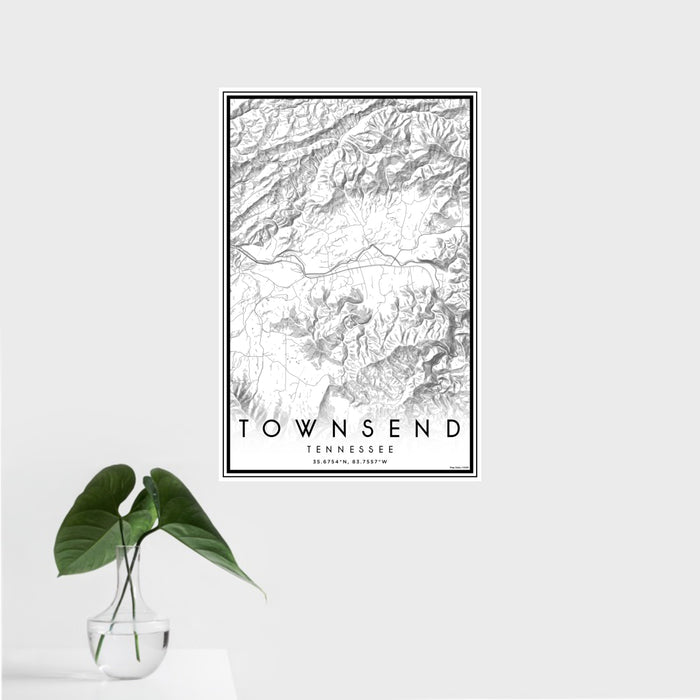 16x24 Townsend Tennessee Map Print Portrait Orientation in Classic Style With Tropical Plant Leaves in Water