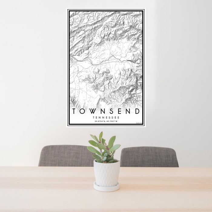 24x36 Townsend Tennessee Map Print Portrait Orientation in Classic Style Behind 2 Chairs Table and Potted Plant
