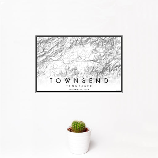 12x18 Townsend Tennessee Map Print Landscape Orientation in Classic Style With Small Cactus Plant in White Planter