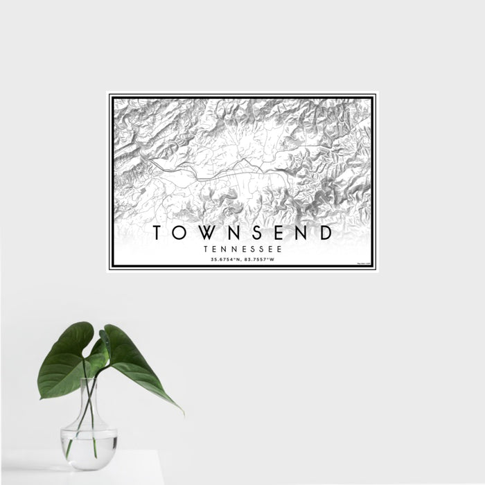 16x24 Townsend Tennessee Map Print Landscape Orientation in Classic Style With Tropical Plant Leaves in Water