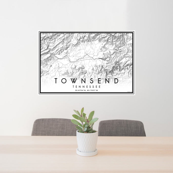 24x36 Townsend Tennessee Map Print Landscape Orientation in Classic Style Behind 2 Chairs Table and Potted Plant