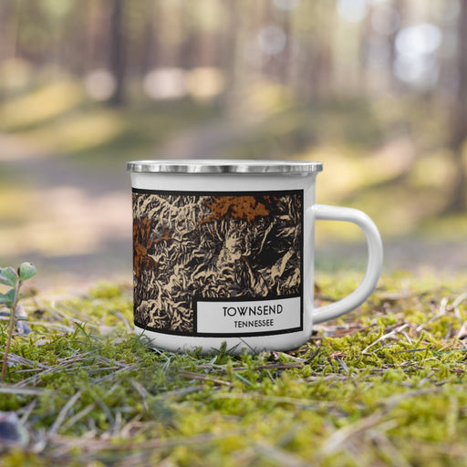 Right View Custom Townsend Tennessee Map Enamel Mug in Ember on Grass With Trees in Background