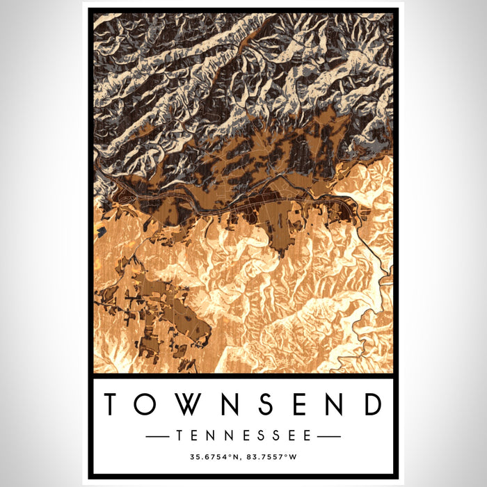 Townsend Tennessee Map Print Portrait Orientation in Ember Style With Shaded Background