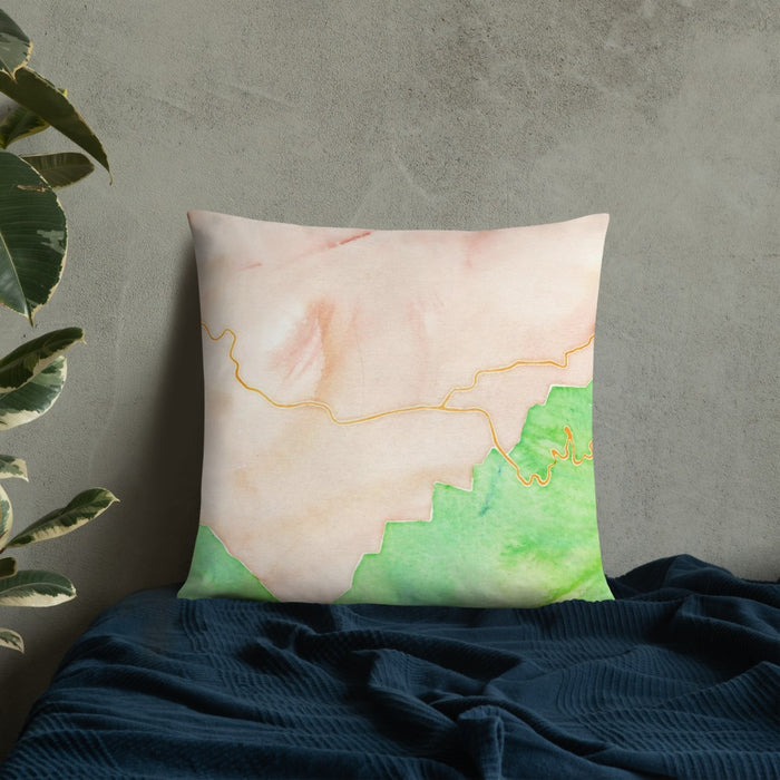 Custom Townsend Tennessee Map Throw Pillow in Watercolor on Bedding Against Wall