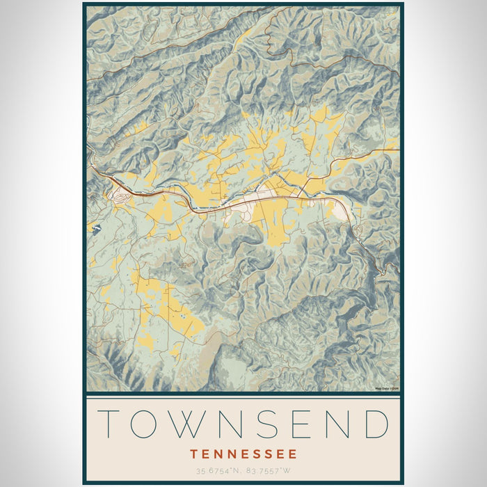 Townsend Tennessee Map Print Portrait Orientation in Woodblock Style With Shaded Background