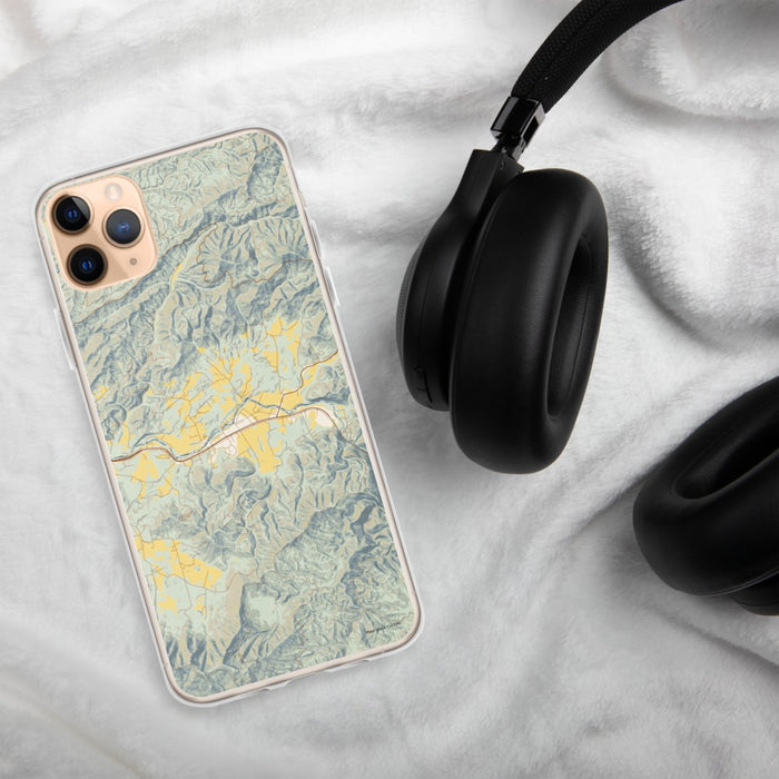 Custom Townsend Tennessee Map Phone Case in Woodblock on Table with Black Headphones