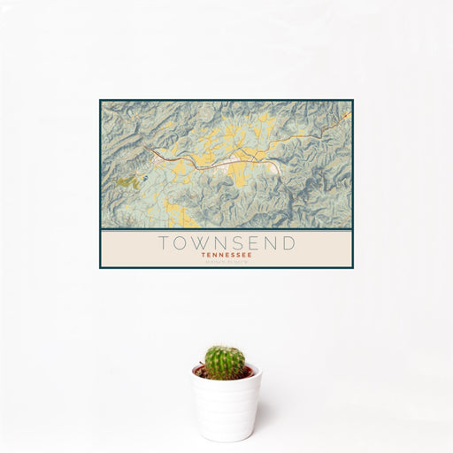 12x18 Townsend Tennessee Map Print Landscape Orientation in Woodblock Style With Small Cactus Plant in White Planter