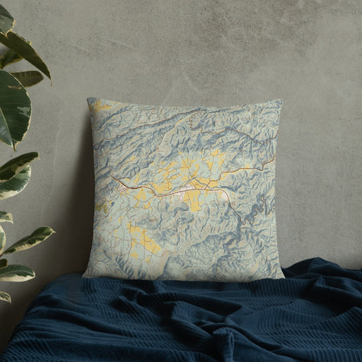 Custom Townsend Tennessee Map Throw Pillow in Woodblock on Bedding Against Wall