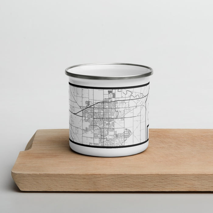 Front View Custom Tracy California Map Enamel Mug in Classic on Cutting Board