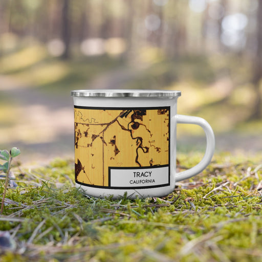 Right View Custom Tracy California Map Enamel Mug in Ember on Grass With Trees in Background