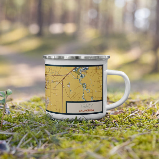 Right View Custom Tracy California Map Enamel Mug in Woodblock on Grass With Trees in Background