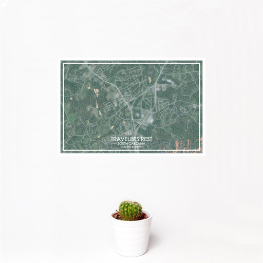 12x18 Travelers Rest South Carolina Map Print Landscape Orientation in Afternoon Style With Small Cactus Plant in White Planter