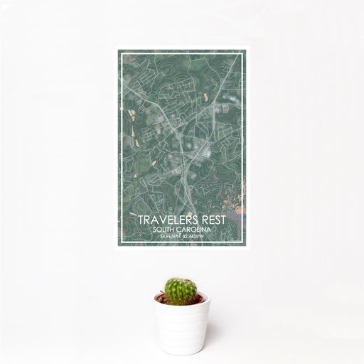 12x18 Travelers Rest South Carolina Map Print Portrait Orientation in Afternoon Style With Small Cactus Plant in White Planter