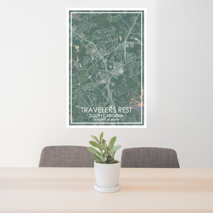 24x36 Travelers Rest South Carolina Map Print Portrait Orientation in Afternoon Style Behind 2 Chairs Table and Potted Plant