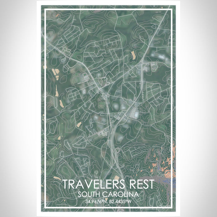 Travelers Rest South Carolina Map Print Portrait Orientation in Afternoon Style With Shaded Background