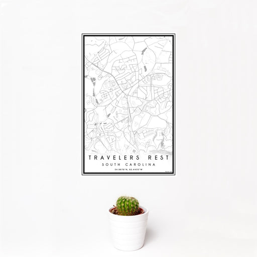 12x18 Travelers Rest South Carolina Map Print Portrait Orientation in Classic Style With Small Cactus Plant in White Planter