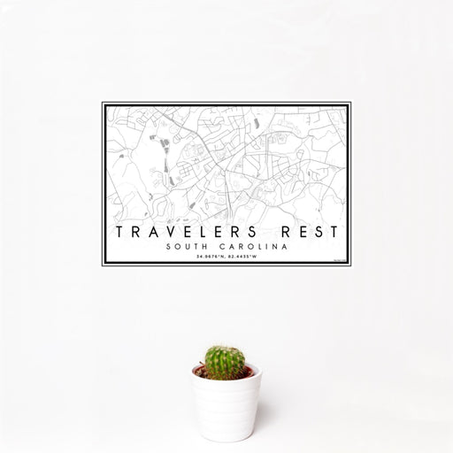 12x18 Travelers Rest South Carolina Map Print Landscape Orientation in Classic Style With Small Cactus Plant in White Planter
