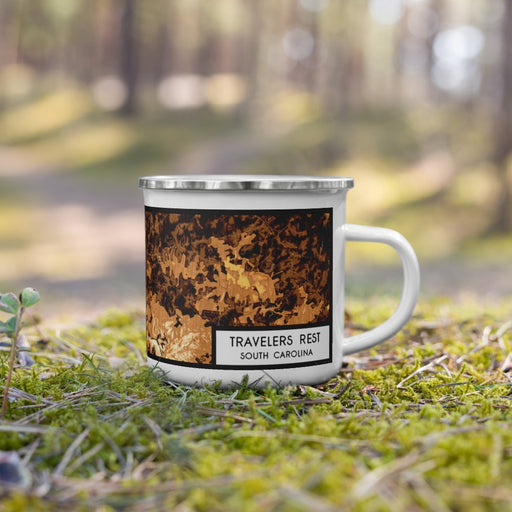 Right View Custom Travelers Rest South Carolina Map Enamel Mug in Ember on Grass With Trees in Background
