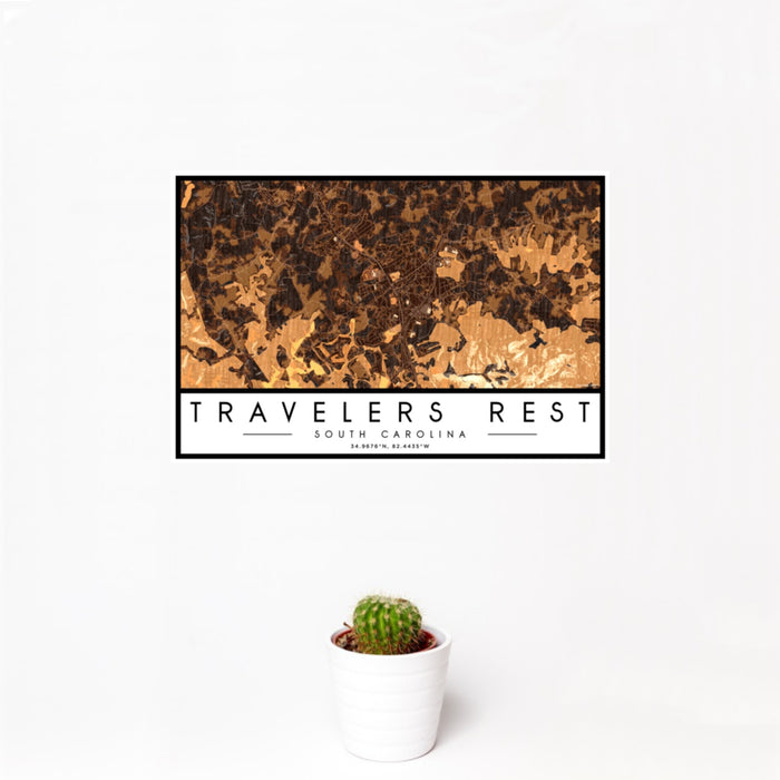 12x18 Travelers Rest South Carolina Map Print Landscape Orientation in Ember Style With Small Cactus Plant in White Planter