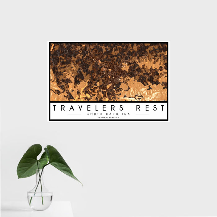 16x24 Travelers Rest South Carolina Map Print Landscape Orientation in Ember Style With Tropical Plant Leaves in Water