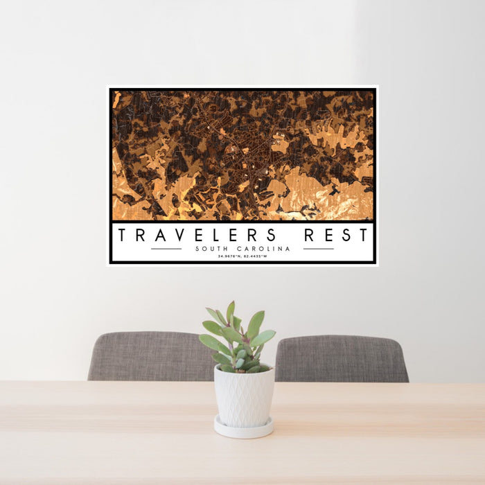 24x36 Travelers Rest South Carolina Map Print Landscape Orientation in Ember Style Behind 2 Chairs Table and Potted Plant