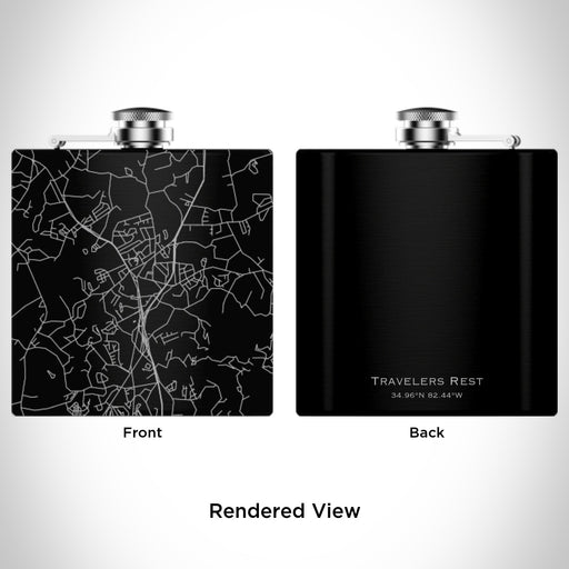 Rendered View of Travelers Rest South Carolina Map Engraving on 6oz Stainless Steel Flask in Black