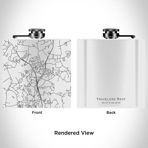 Rendered View of Travelers Rest South Carolina Map Engraving on 6oz Stainless Steel Flask in White