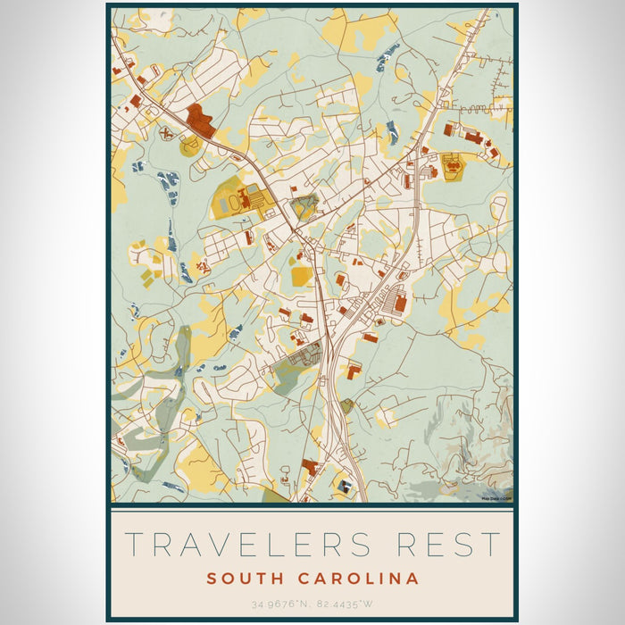 Travelers Rest South Carolina Map Print Portrait Orientation in Woodblock Style With Shaded Background